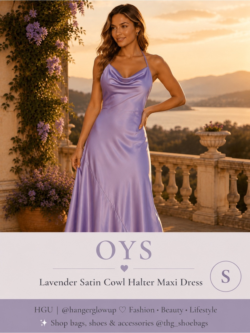 OYS Lavender Satin Halter Maxi Dress Cowl Neck Open Back NWT Size S